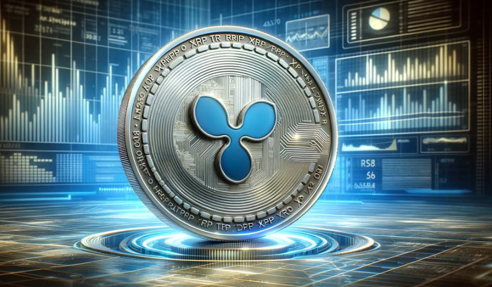 XRP coin surrounded by digital visualizations