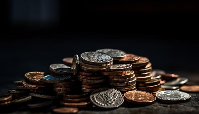 Many Metal Coins on Dark Background