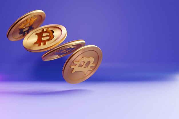 4 gold bitcoin coins on holoboom background