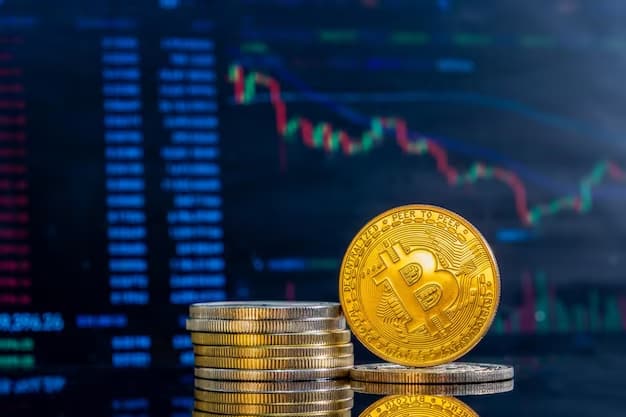 Bitcoin coins lie stacked in the background of the graph